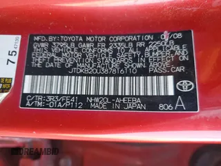 2008 Toyota Prius with VIN JTDKB20U387816110, listed as a Copart auction lot 52065525 with 233,040 mi miles and Salvage Title. Bid and sale history available at DreamBid. Image 12.