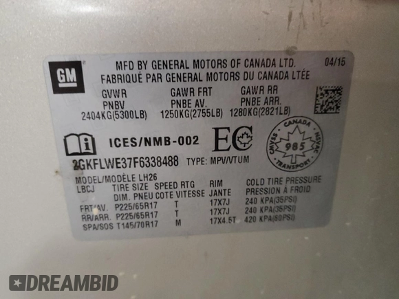 2015 GMC Terrain SLE with VIN 2GKFLWE37F6338488, listed as a Copart auction lot 79401624 with 125,407 mi miles and Clean Title. Bid and sale history available at DreamBid. Image 13.