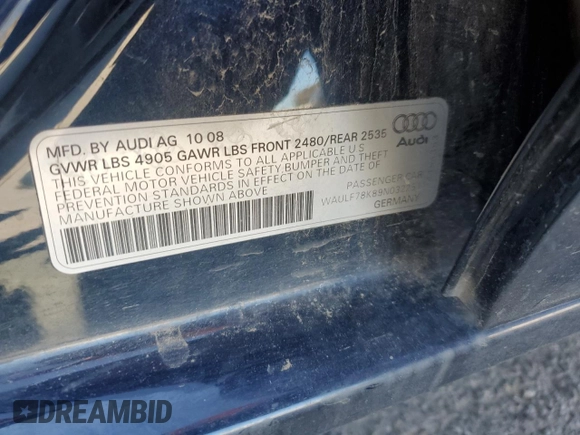 2009 Audi A4 2.0T Prem with VIN WAULF78K89N032251, listed as a Copart auction lot 46264375 with 156,987 mi miles and Salvage Title. Bid and sale history available at carsss.com. Image 12.
