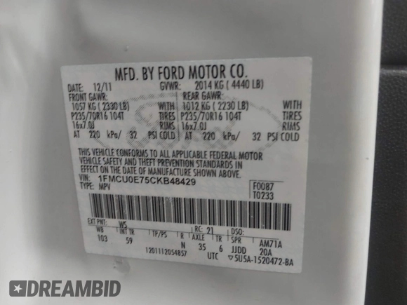 2012 Ford Escape Limited with VIN 1FMCU0E75CKB48429, listed as a IAAI auction lot 42121745 with 120,406 mi miles and . Bid and sale history available at DreamBid. Image 9.