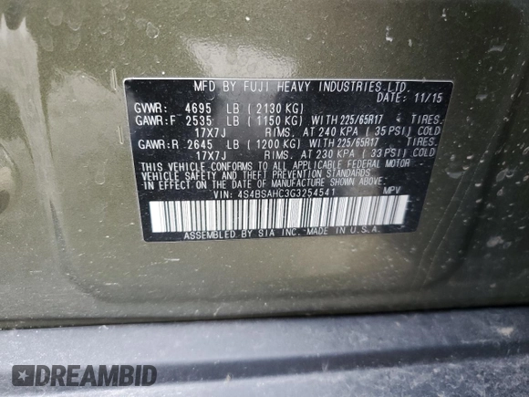 2016 Subaru Outback Premium z VIN 4S4BSAHC3G3254541, wystawiony jako Copart lot #53671175 z przebiegiem Nie podano mil oraz Szkoda całkowita • Salvage title. Historia ofert i sprzedaży dostępna na DreamBid. Obrazek 13.