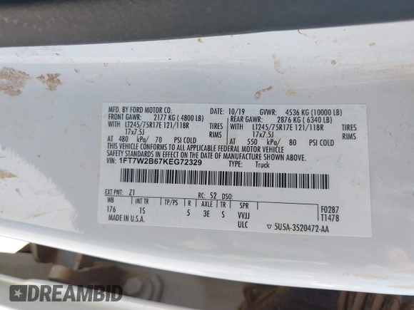 2019 Ford F-250 XL с VIN 1FT7W2B67KEG72329, выставлен на аукционе IAAI как лот 42490688 с пробегом 145 729 миль миль и . История ставок и продаж доступна на DreamBid. Изображение 9.