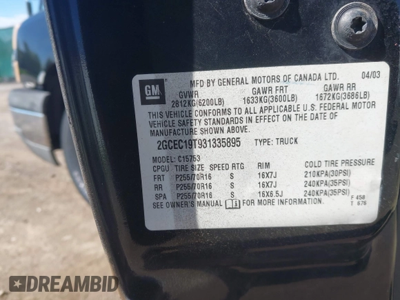 2003 Chevrolet Silverado 1500 with VIN 2GCEC19T931335895, listed as a IAAI auction lot 42157615 with 230,309 mi miles and . Bid and sale history available at DreamBid. Image 9.