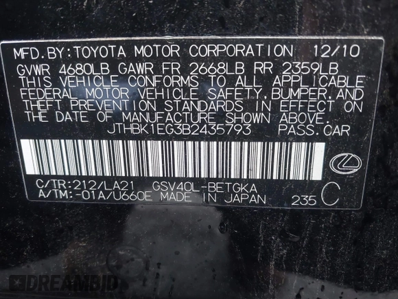 2011 Lexus ES with VIN JTHBK1EG3B2435793, listed as a IAAI auction lot 41171549 with 200,663 mi miles. Bid and sale history available at carsss.com. Image 9.