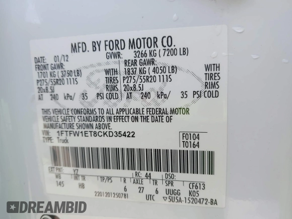 2012 Ford F-150 XL with VIN 1FTFW1ET8CKD35422, listed as a IAAI auction lot 42060261 with 177,393 mi miles and . Bid and sale history available at DreamBid. Image 9.
