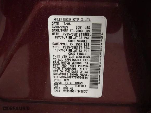 2006 Nissan Murano SL with VIN JN8AZ08W76W550566, listed as a IAAI auction lot 41927658 with 112,320 mi miles. Bid and sale history available at carsss.com. Image 9.