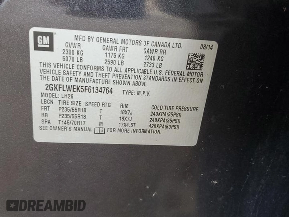 2015 GMC Terrain SLE with VIN 2GKFLWEK5F6134764, listed as a Copart auction lot 48362755 with 154,073 mi miles and Salvage Title. Bid and sale history available at DreamBid. Image 13.