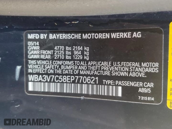 2014 BMW 4 Series 428i with VIN WBA3V7C58EP770621, listed as a Copart auction lot 72021844 with 61,475 mi miles and Salvage Title. Bid and sale history available at DreamBid. Image 13.
