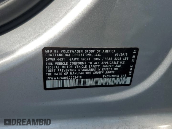 2020 Volkswagen Passat SE with VIN 1VWWA7A30LC002419, listed as a Copart auction lot 62880325 with 82,354 mi miles and Salvage title. Bid and sale history available at DreamBid. Image 14.