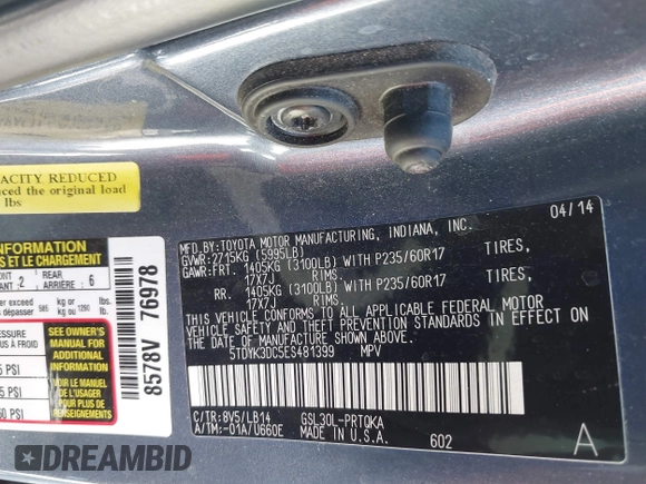 2014 Toyota Sienna XLE with VIN 5TDYK3DC5ES481399, listed as a IAAI auction lot 42085550 with 154,157 mi miles. Bid and sale history available at carsss.com. Image 9.
