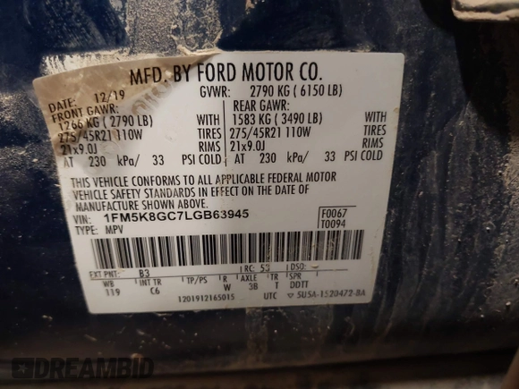 2020 Ford Explorer ST with VIN 1FM5K8GC7LGB63945, listed as a IAAI auction lot 41433085 with Not Provided miles. Bid and sale history available at carsss.com. Image 9.
