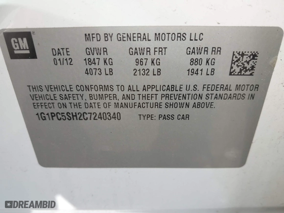 2012 Chevrolet Cruze LS with VIN 1G1PC5SH2C7240340, listed as a IAAI auction lot 42069654 with 122,410 mi miles. Bid and sale history available at carsss.com. Image 9.