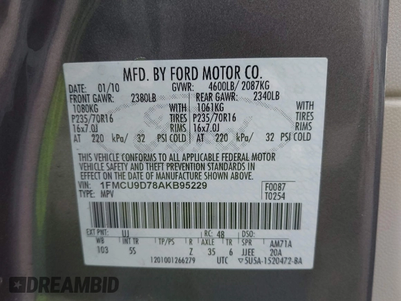 2010 Ford Escape XLT с VIN 1FMCU9D78AKB95229, выставлен на аукционе IAAI как лот 42366349 с пробегом 152 077 миль миль и . История ставок и продаж доступна на DreamBid. Изображение 9.