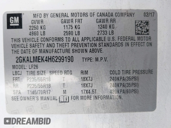 2017 GMC Terrain SLE with VIN 2GKALMEK4H6299190, listed as a IAAI auction lot 41808216 with 101,579 mi miles. Bid and sale history available at carsss.com. Image 9.