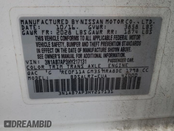 2017 Nissan Sentra S with VIN 3N1AB7AP3HY217131, listed as a Copart auction lot 54165124 with 93,407 mi miles and Salvage Title. Bid and sale history available at DreamBid. Image 12.