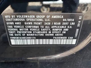 2014 Volkswagen Passat TDI SEL Premium with VIN 1VWCN7A33EC092174, listed as a IAAI auction lot 41690739 with 141,095 mi miles. Bid and sale history available at carsss.com. Image 9.