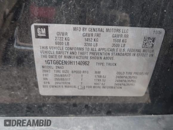 2017 GMC Canyon 4WD SLE z VIN 1GTG6CEN9H1140962, wystawiony jako IAAI lot #42251320 z przebiegiem 142 099 mil mil oraz . Historia ofert i sprzedaży dostępna na DreamBid. Obrazek 9.