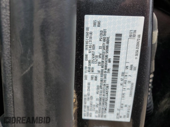 2020 Ford Escape S with VIN 1FMCU0F62LUA51361, listed as a Copart auction lot 60962945 with 98,520 mi miles and Clean title. Bid and sale history available at DreamBid. Image 13.
