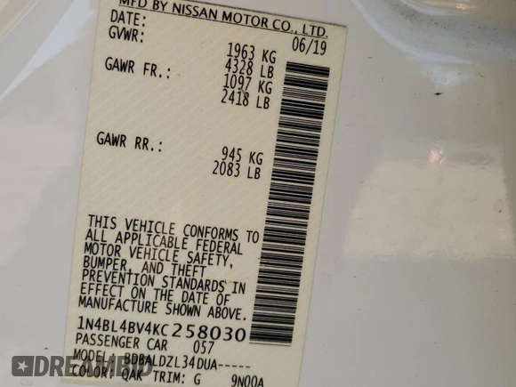 2019 Nissan Altima 2.5 S with VIN 1N4BL4BV4KC258030, listed as a Copart auction lot 49782085 with 127,823 mi miles and Salvage Title. Bid and sale history available at carsss.com. Image 12.