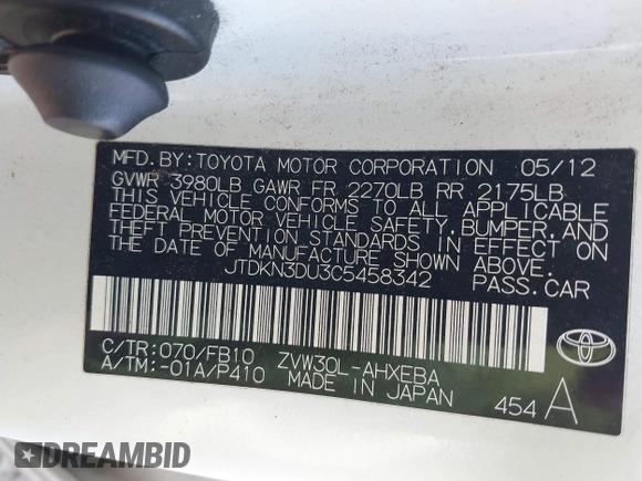 2012 Toyota Prius One with VIN JTDKN3DU3C5458342, listed as a IAAI auction lot 40115085 with 229,373 mi miles and . Bid and sale history available at carsss.com. Image 9.