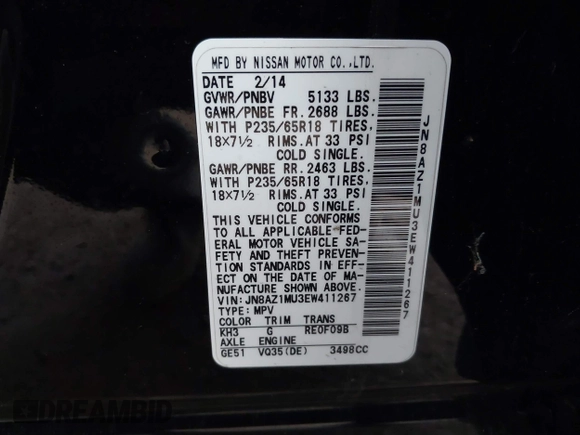 2014 Nissan Murano SV with VIN JN8AZ1MU3EW411267, listed as a IAAI auction lot 41758581 with 120,907 mi miles and . Bid and sale history available at DreamBid. Image 9.
