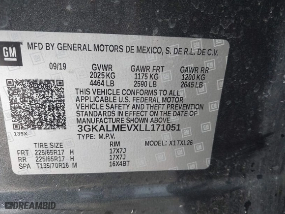2020 GMC Terrain SLE with VIN 3GKALMEVXLL171051, listed as a IAAI auction lot 41790628 with 58,699 mi miles. Bid and sale history available at carsss.com. Image 9.