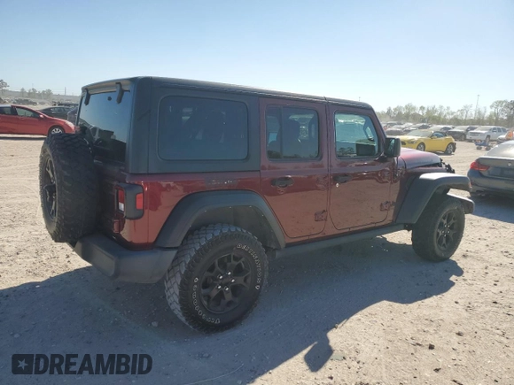 2021 Jeep Wrangler Unlimited Willys with VIN 1C4HJXDG4MW734322, listed as a Copart auction lot 50155775 with 45,963 mi miles and Salvage title. Bid and sale history available at DreamBid. Image 3.