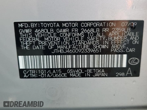 2009 Lexus ES 330 with VIN JTHBJ46G092339651, listed as a Copart auction lot 56221005 with 235,879 mi miles and Clean Title. Bid and sale history available at DreamBid. Image 12.