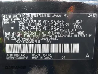 2012 Toyota RAV4 Limited with VIN 2T3DK4DV7CW077649, listed as a IAAI auction lot 41674547 with 128,959 mi miles. Bid and sale history available at carsss.com. Image 9.