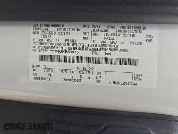2018 Ford Transit with VIN 1FTYE1YM9JKB51975, listed as a IAAI auction lot 42729136 with 48,562 mi miles and . Bid and sale history available at DreamBid. Image 32.