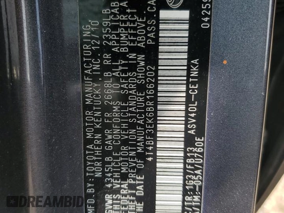 2011 Toyota Camry LE with VIN 4T4BF3EK6BR166202, listed as a Copart auction lot 50704105 with 153,351 mi miles and Salvage Title. Bid and sale history available at carsss.com. Image 12.