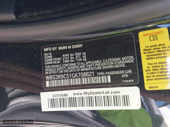 2016 BMW M4 with VIN WBS3R9C51GK708621, listed as a IAAI auction lot 41678133 with 59,501 mi miles. Bid and sale history available at carsss.com. Image 9.