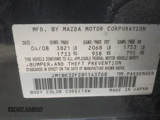 2008 Mazda 3 i Sport with VIN JM1BK32F281143768, listed as a IAAI auction lot 41770239 with 128,346 mi miles and . Bid and sale history available at DreamBid. Image 9.