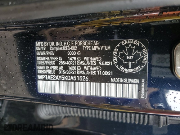 2019 Porsche Cayenne E-Hybrid with VIN WP1AE2AY5KDA51526, listed as a Copart auction lot 61977155 with Not provided miles and Non repairable. Bid and sale history available at DreamBid. Image 14.