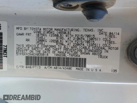 2014 Toyota Tacoma with VIN 5TFNX4CN4EX039818, listed as a Copart auction lot 44336525 with Not Provided miles and Salvage Title. Bid and sale history available at DreamBid. Image 13.