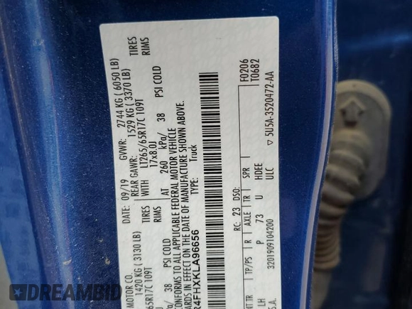 2019 Ford Ranger XL with VIN 1FTER4FHXKLA96656, listed as a Copart auction lot 56103505 with 73,872 mi miles and Salvage Title. Bid and sale history available at DreamBid. Image 12.