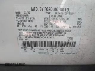 2022 Ford Explorer XLT z VIN 1FMSK7DHXNGA83331, wystawiony jako IAAI lot #41606848 z przebiegiem 54 139 mil mil oraz . Historia ofert i sprzedaży dostępna na DreamBid. Obrazek 9.