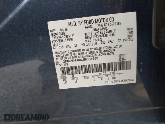2018 Ford Edge SEL with VIN 2FMPK4J8XJBC35568, listed as a IAAI auction lot 41964368 with 59,024 mi miles. Bid and sale history available at carsss.com. Image 9.