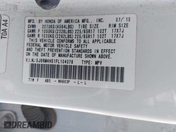 2015 Honda CR-V EX with VIN 5J6RM4H51FL104078, listed as a IAAI auction lot 42146972 with 209,754 mi miles and . Bid and sale history available at DreamBid. Image 9.