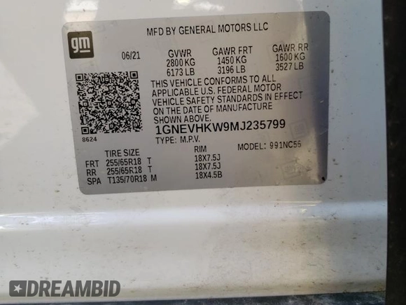 2021 Chevrolet Traverse LT Leather with VIN 1GNEVHKW9MJ235799, listed as a Copart auction lot 62267434 with 54,602 mi miles and Salvage Title. Bid and sale history available at carsss.com. Image 13.