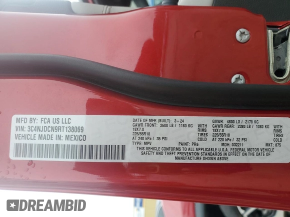 2024 Jeep Compass Limited с VIN 3C4NJDCN9RT138069, выставлен на аукционе Copart как лот 58760815 с пробегом 24 961 миль миль и Чистый • Clean title. История ставок и продаж доступна на DreamBid. Изображение 13.