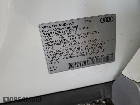 2023 Audi Q5 S line Premium Plus с VIN WA1EAAFY7P2125155, выставлен на аукционе Copart как лот 61812125 с пробегом 52 587 миль миль и Списание • Salvage title. История ставок и продаж доступна на DreamBid. Изображение 13.