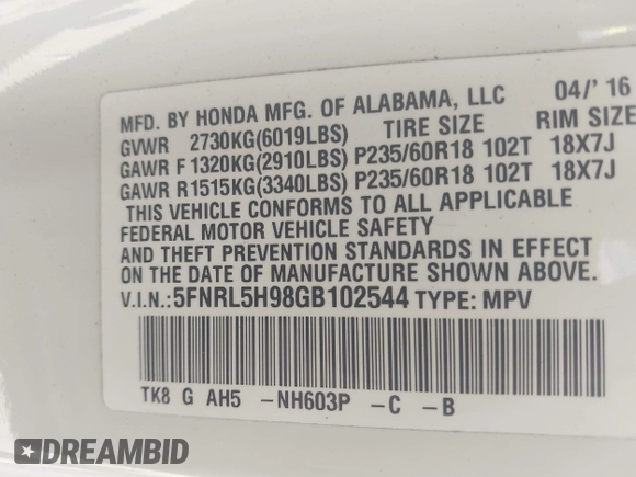 2016 Honda Odyssey Touring Elite with VIN 5FNRL5H98GB102544, listed as a IAAI auction lot 42040050 with 128,957 mi miles and . Bid and sale history available at DreamBid. Image 9.