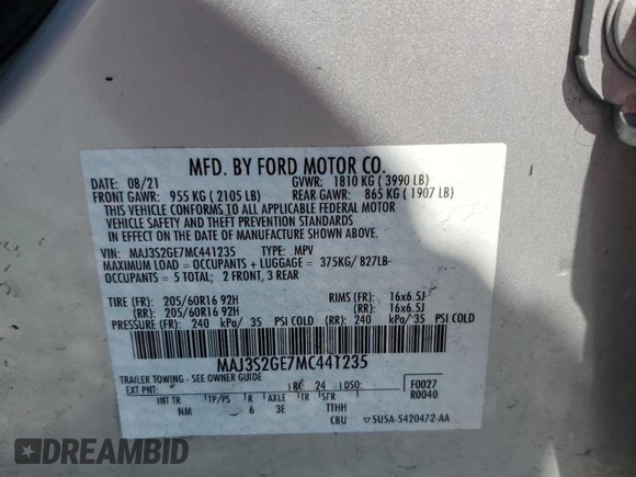 2021 Ford EcoSport SE with VIN MAJ3S2GE7MC441235, listed as a Copart auction lot 53094535 with 32,781 mi miles and Salvage Title. Bid and sale history available at carsss.com. Image 13.
