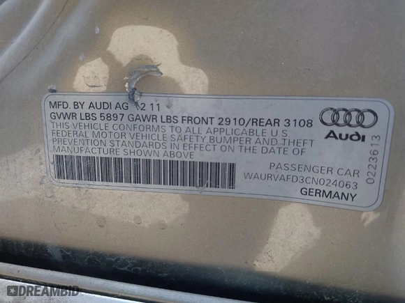 2012 Audi A8 L with VIN WAURVAFD3CN024063, listed as a IAAI auction lot 41706508 with 1 mi miles. Bid and sale history available at carsss.com. Image 9.