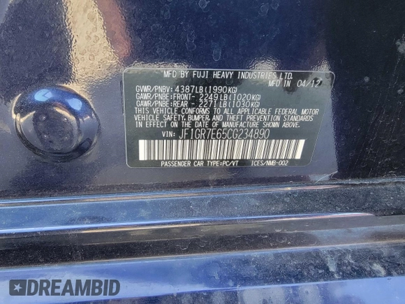 2012 Subaru WRX WRX Limited с VIN JF1GR7E65CG234890, выставлен на аукционе Copart как лот 54455735 с пробегом 148 279 миль миль и Чистый • Clean title. История ставок и продаж доступна на DreamBid. Изображение 10.