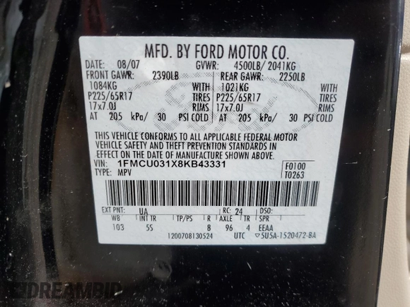 2008 Ford Escape XLT с VIN 1FMCU031X8KB43331, выставлен на аукционе Copart как лот 58225055 с пробегом 187 719 миль миль и На запчасти • Non repairable. История ставок и продаж доступна на DreamBid. Изображение 12.