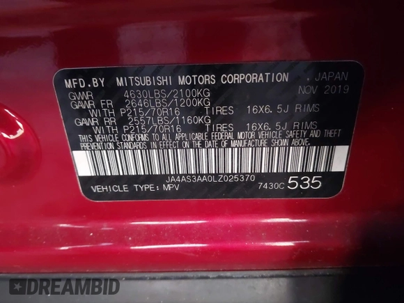 2020 Mitsubishi Eclipse Cross ES with VIN JA4AS3AA0LZ025370, listed as a IAAI auction lot 41812877 with 73,551 mi miles and . Bid and sale history available at DreamBid. Image 9.