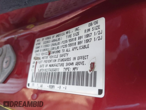 2007 Acura RDX with VIN 5J8TB18237A004911, listed as a IAAI auction lot 41177572 with 130,672 mi miles and . Bid and sale history available at DreamBid. Image 9.