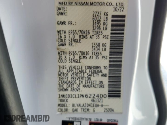 2023 Nissan Frontier S with VIN 1N6ED1CL1PN622400, listed as a Copart auction lot 61075485 with 41,481 mi miles and Salvage title. Bid and sale history available at DreamBid. Image 12.